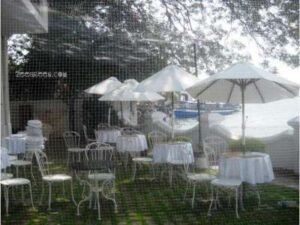 Transparent bird net installed in open restaurant facing the backwaters