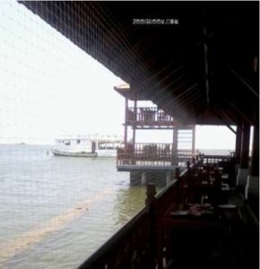 Transparent bird net installed on sea-facing restaurant sides to prevent pigeons and crows