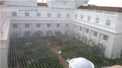 Transparent bird net installed above hotel courtyard garden facing the open sky